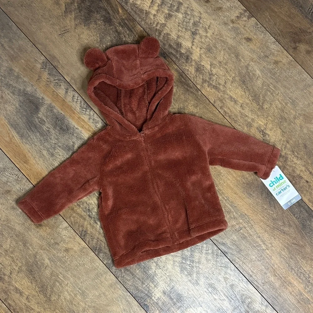 CARTER’S Fuzzy Baby Hoodie Full Zip Jacket with Bear Ears, Size 0-3M, NWT